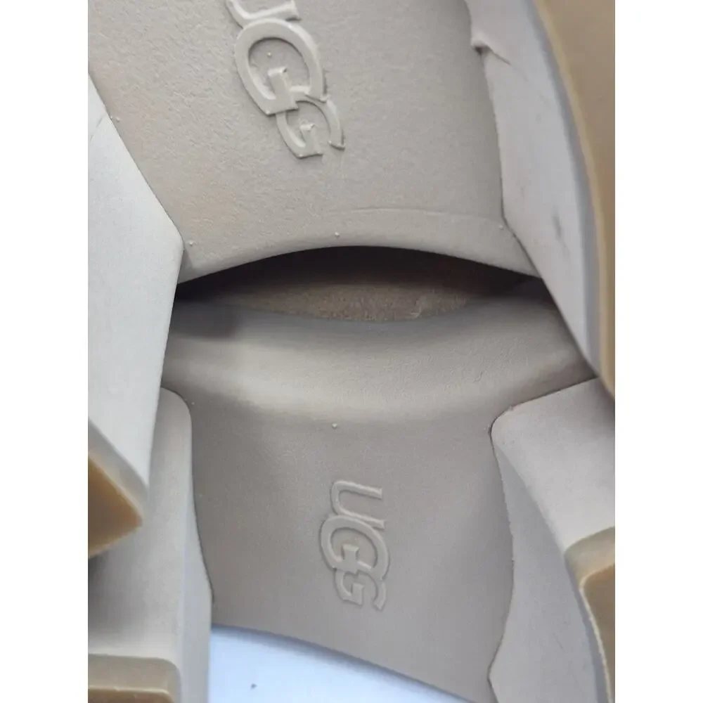 UGG New Heights Platform Mini Boot Tan Suede Shearling Lined Heel Women’s Size 8